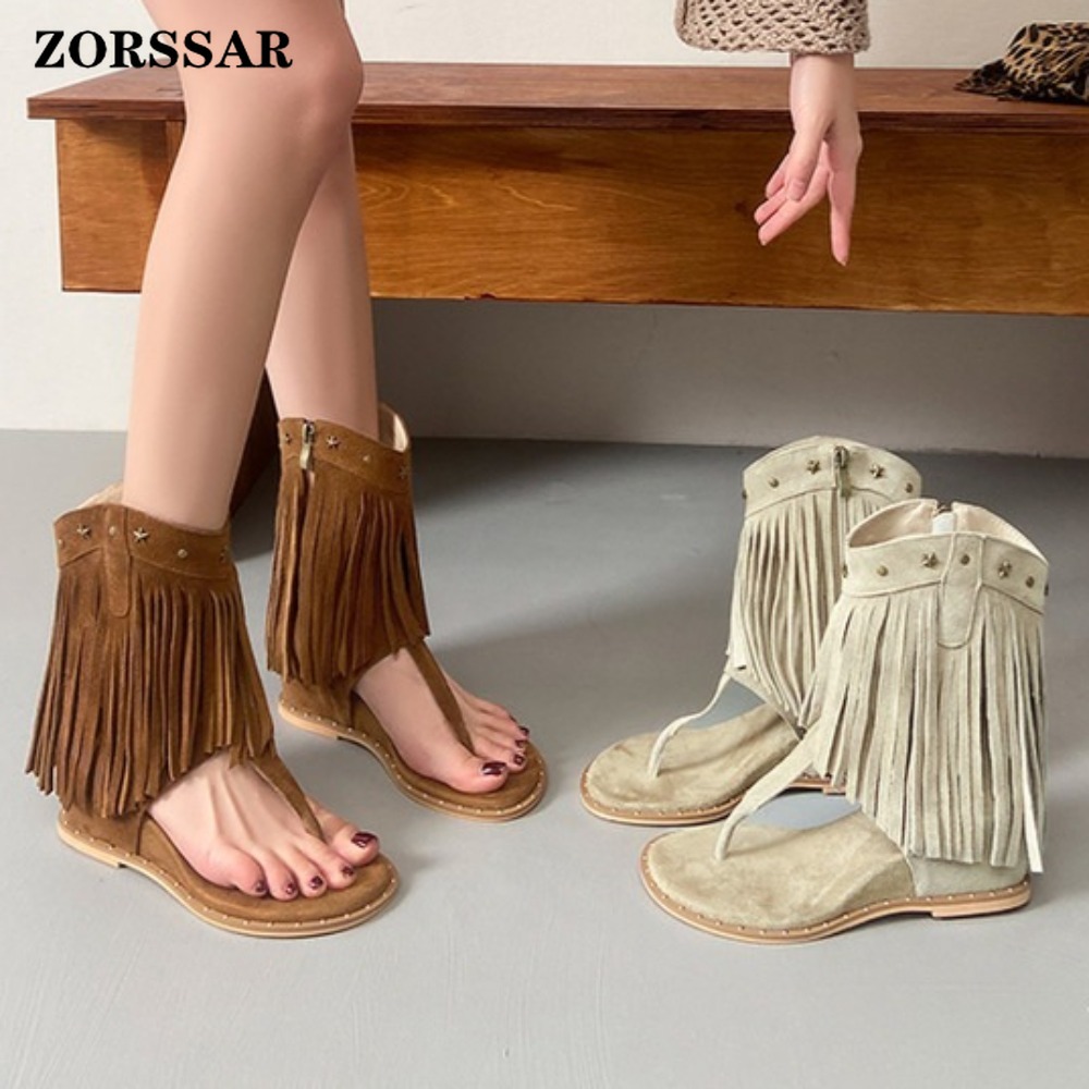 Women Shoes Boots - Женские сандалии-босоножки на танкетке с бахромой
