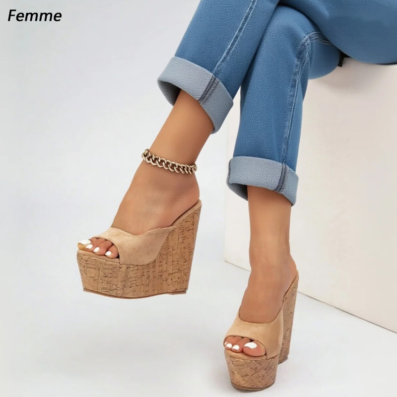 Cork Wedge Sandal - Женские замшевые мюли ручной работы бежевого